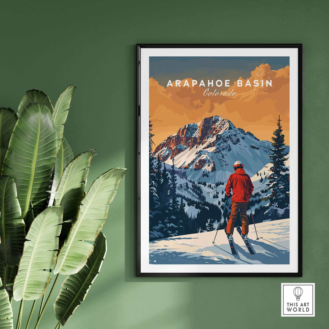 Arapahoe Basin travel poster showcasing a skier against stunning Colorado mountains, perfect for home decor and ski enthusiasts.