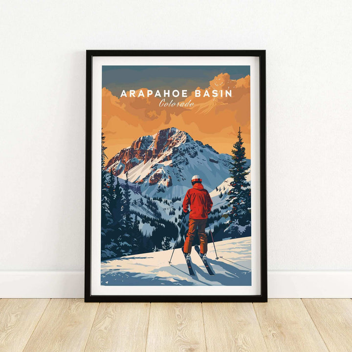 Arapahoe Basin travel poster showcasing a skier on snowy slopes with mountains in the background, perfect for ski enthusiasts.