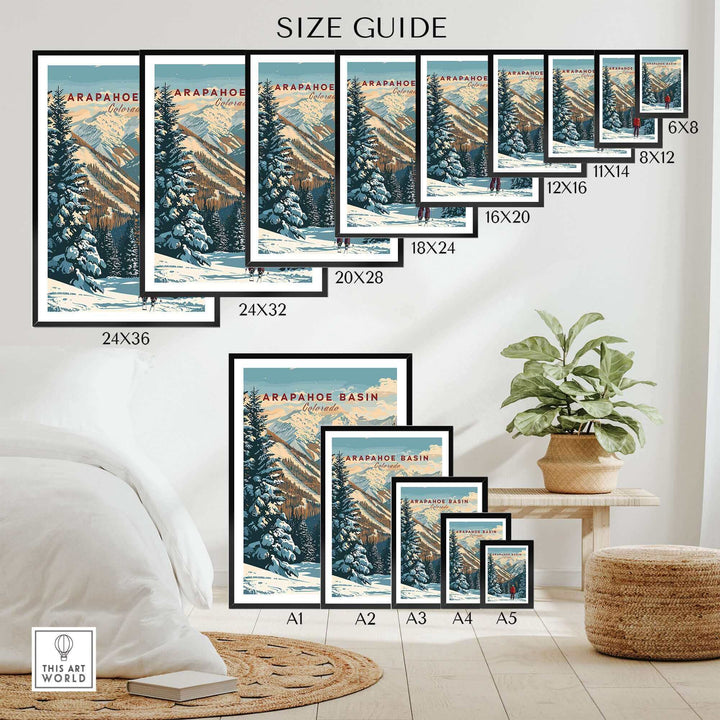 Arapahoe Basin wall art size guide featuring various framed poster options with mountain scenery for home decor.