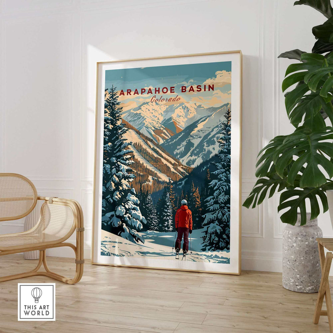 Arapahoe Basin wall art showcasing skier in snowy mountain landscape, perfect for outdoor enthusiasts and art lovers.