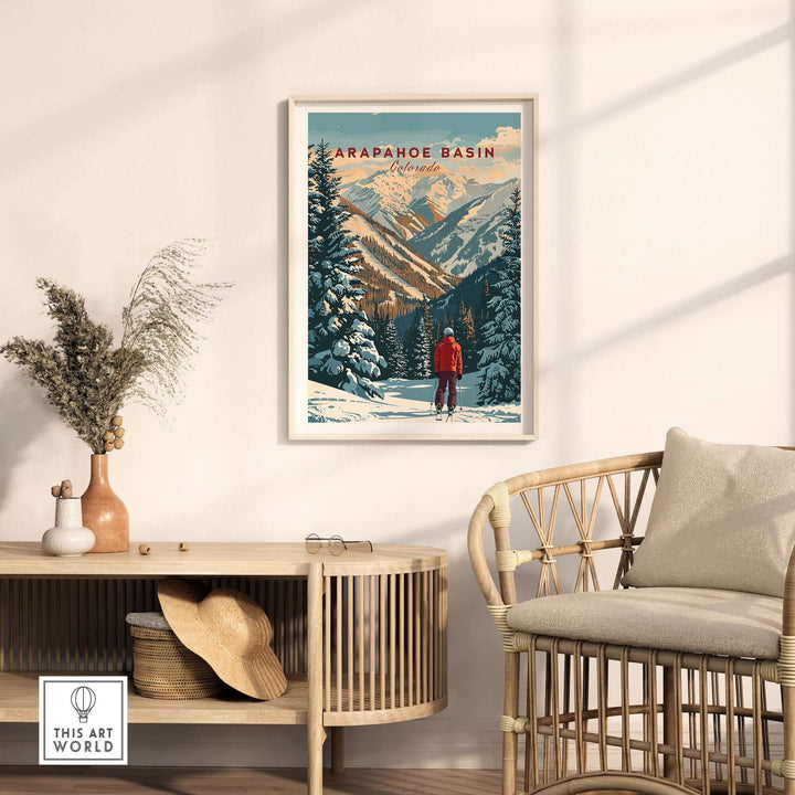 Arapahoe Basin wall art featuring scenic snowy mountain landscape in stylish living room setting. Perfect for ski enthusiasts and art lovers.