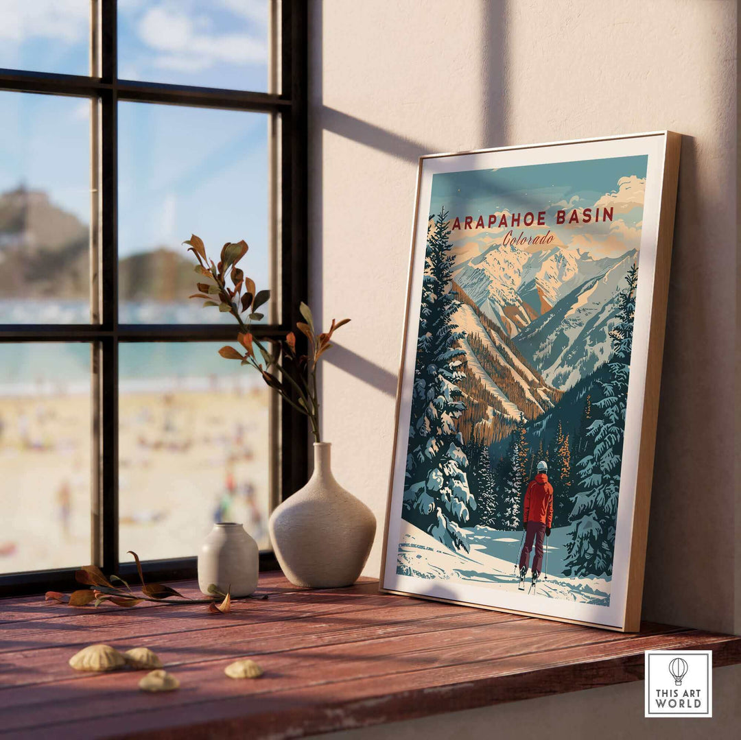 Arapahoe Basin wall art featuring snowy mountain landscape with skier, enhancing home decor, perfect for ski enthusiasts.