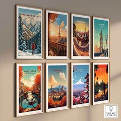 A collection of framed wall art featuring scenic landscapes including Arapahoe Basin, Paris, Barcelona, London, Amsterdam, Florence, Tokyo, and Bangkok.