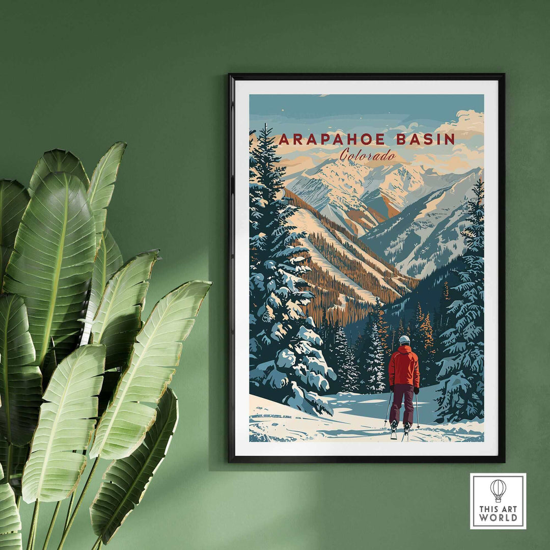 Arapahoe Basin wall art featuring a skier amidst snowy mountains, perfect for outdoor enthusiasts and art lovers.