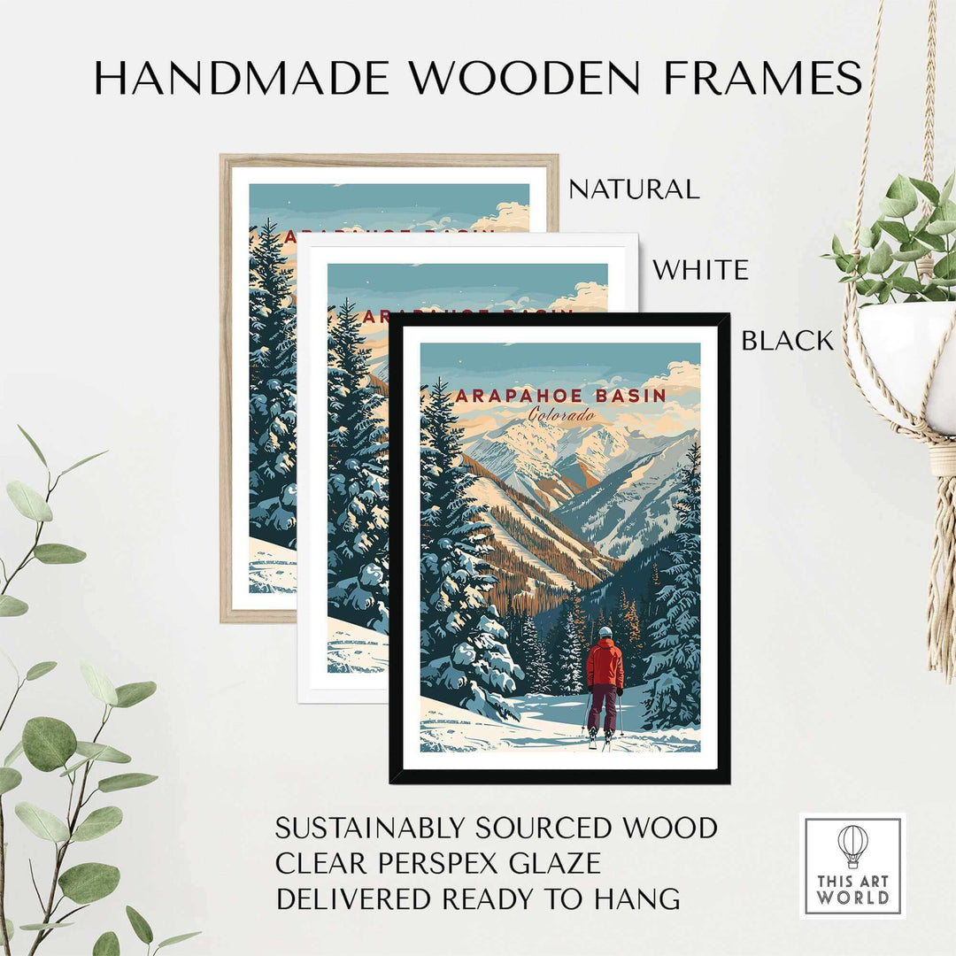 Arapahoe Basin wall art in handmade wooden frames with natural, white, and black options; ready to hang with sustainable materials.