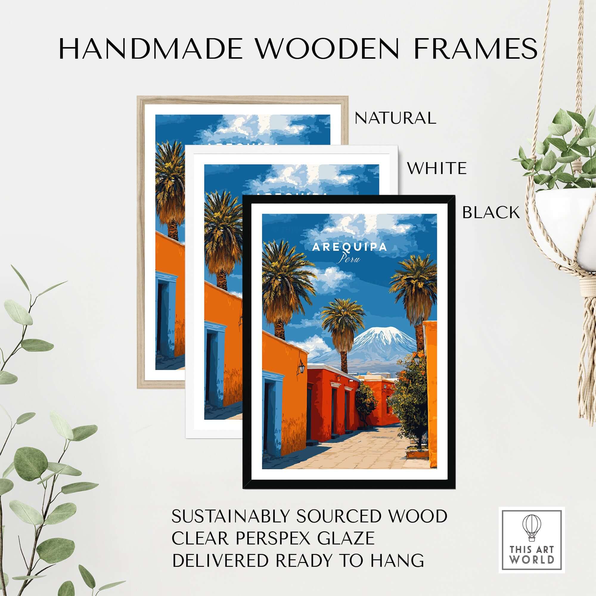 Arequipa Peru Wall Art displayed in handmade wooden frames in natural, white, and black finishes.