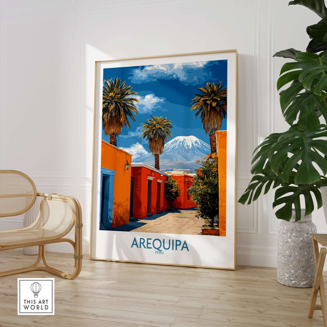 Arequipa Peru poster showcasing vibrant colors and stunning views of palm trees and mountains, ideal for home decor.