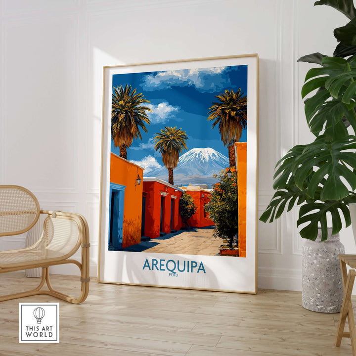 Arequipa Peru poster showcasing vibrant colors and stunning views of palm trees and mountains, ideal for home decor.