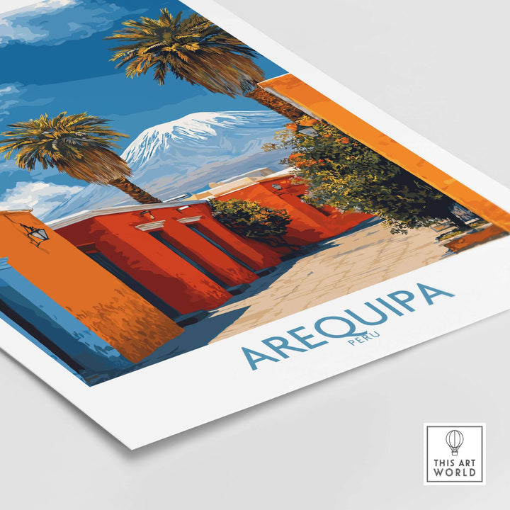 Colorful Arequipa Peru poster showcasing palm trees and mountains, perfect for home or office decor.