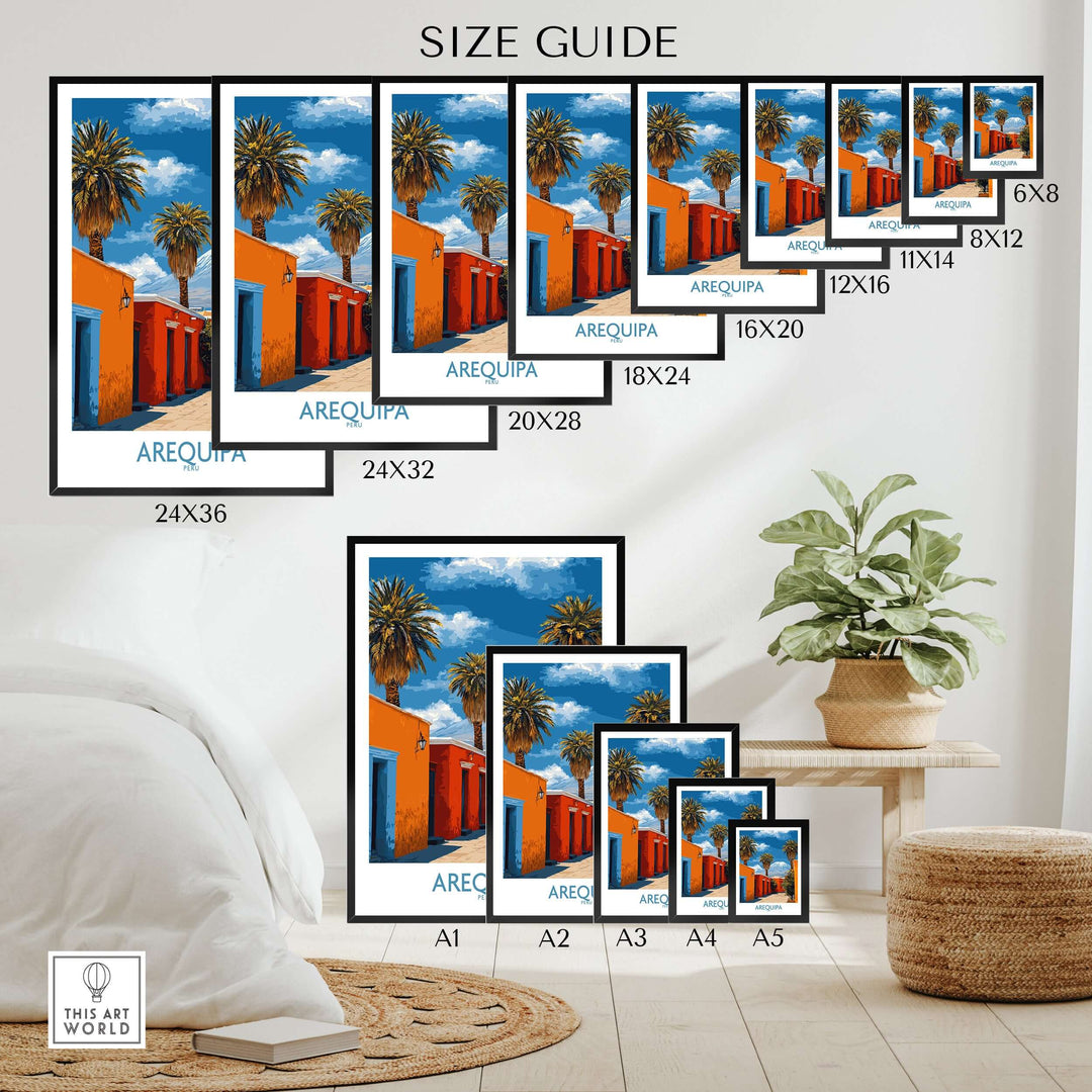 Size guide for Arequipa Peru poster showcasing various dimensions for art prints in a stylish home setting.