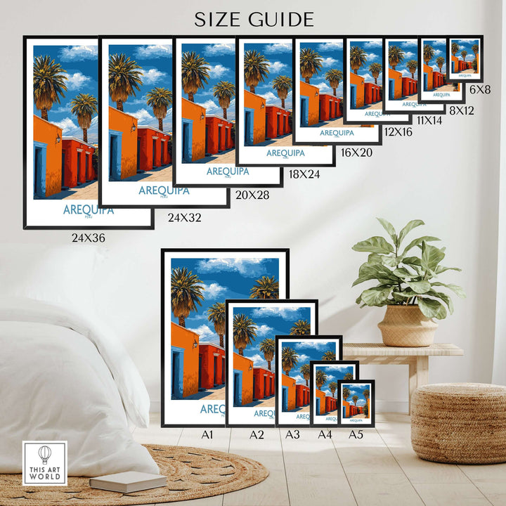 Size guide for Arequipa Peru poster showcasing various dimensions for art prints in a stylish home setting.