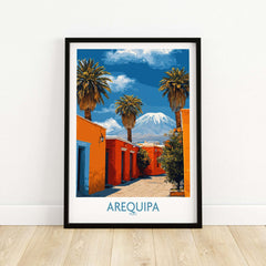 Arequipa Peru Poster showcasing vibrant colors and stunning views of Arequipa with palm trees and mountains.