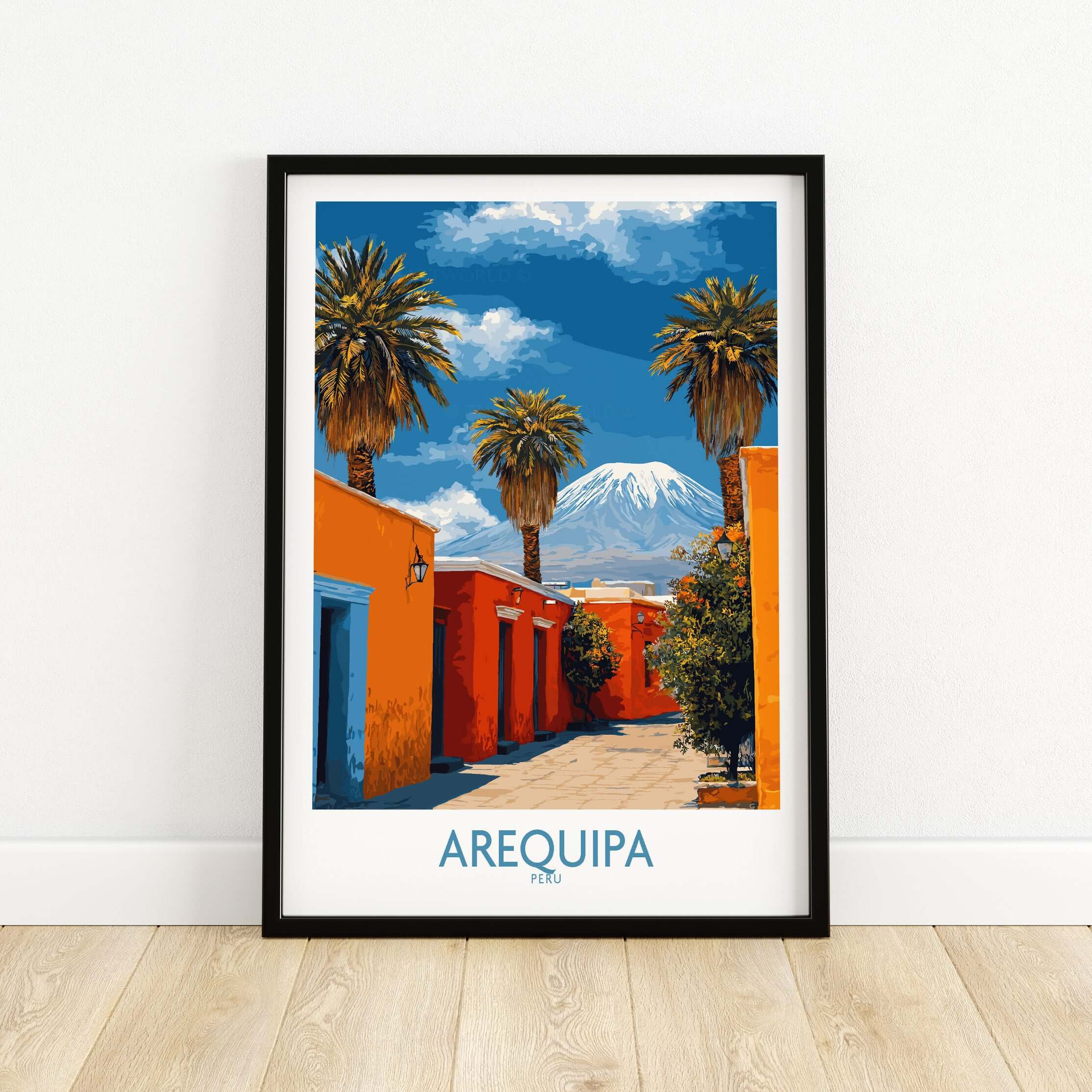 Arequipa Peru Poster showcasing vibrant colors and stunning views of Arequipa with palm trees and mountains.