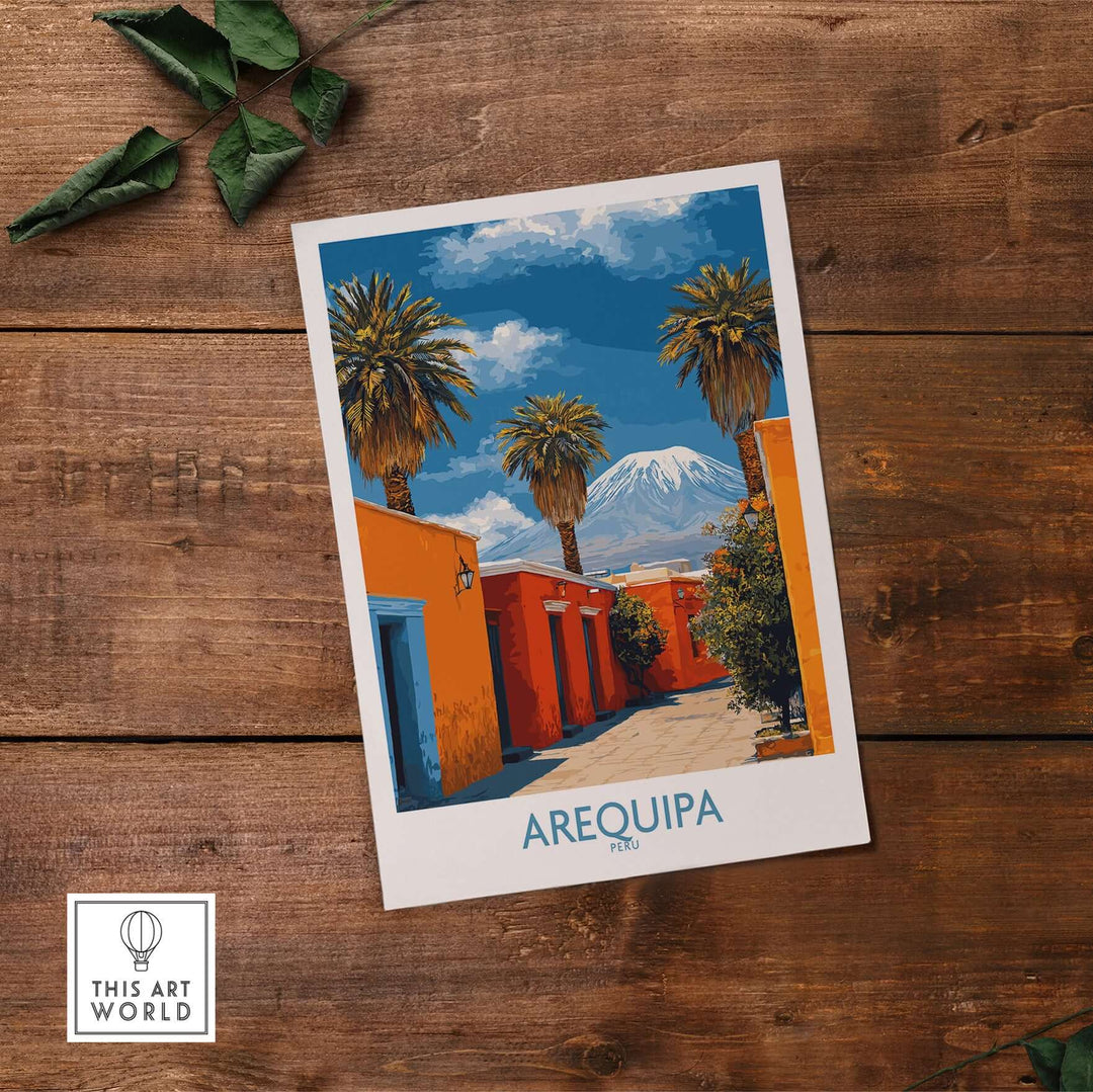 Stylish Arequipa, Peru poster featuring vibrant colors and palm trees, perfect for home or office decor.