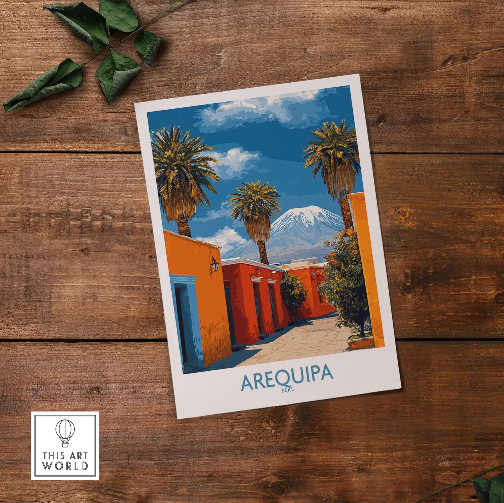 Arequipa Peru Poster showcasing vibrant colors and stunning views of palm trees and mountains in a beautiful landscape.