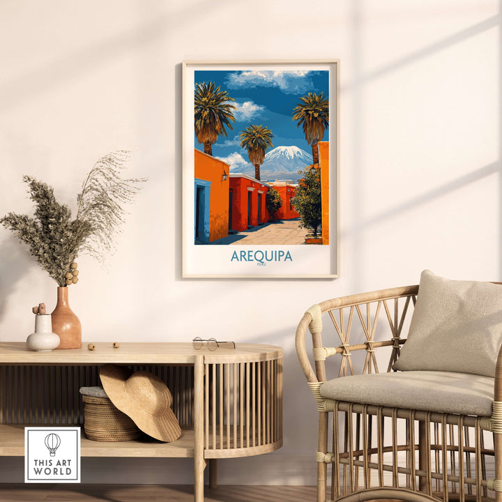 Colorful Arequipa Peru poster featuring palm trees and vibrant buildings, perfect for home or office decor.