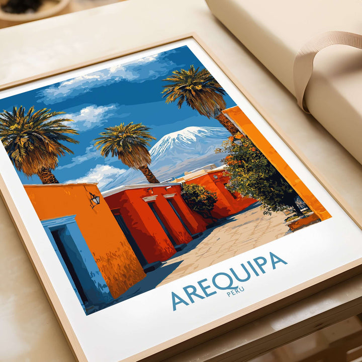 Arequipa Peru poster showcasing vibrant colors, palm trees, and majestic mountains, perfect for home decor or travel enthusiasts.