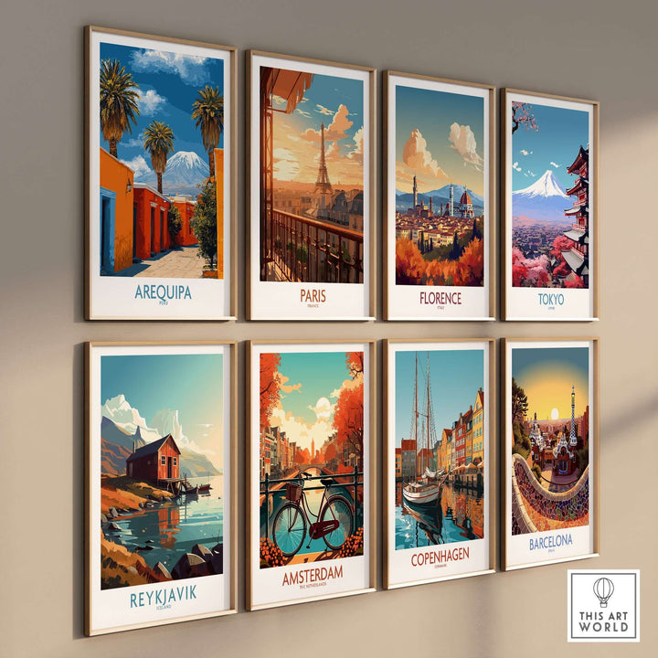 Colorful vintage travel posters featuring Arequipa, Paris, Florence, Tokyo, Reykjavik, Amsterdam, Copenhagen, and Barcelona.