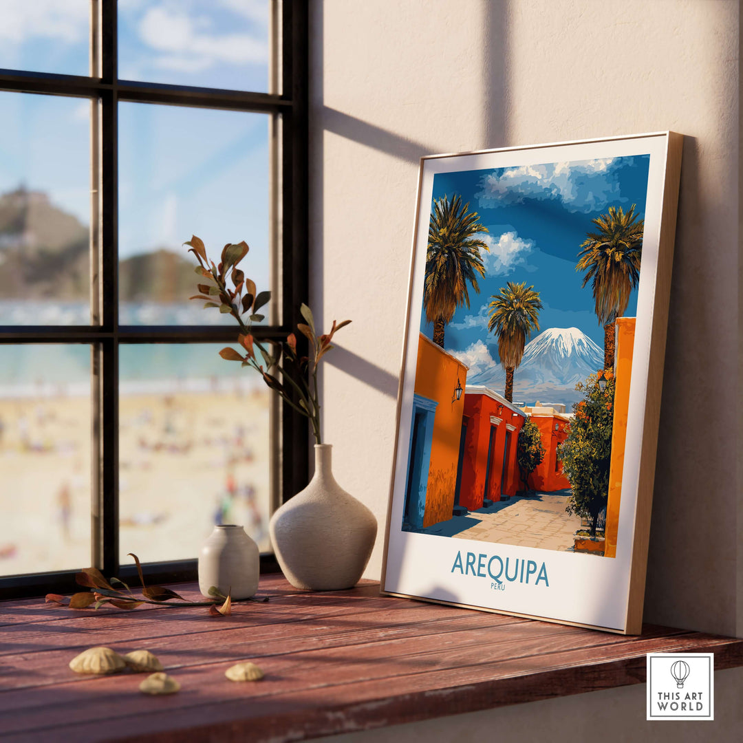 Arequipa Peru poster on a windowsill, showcasing vibrant colors and scenic views, perfect for home decor.