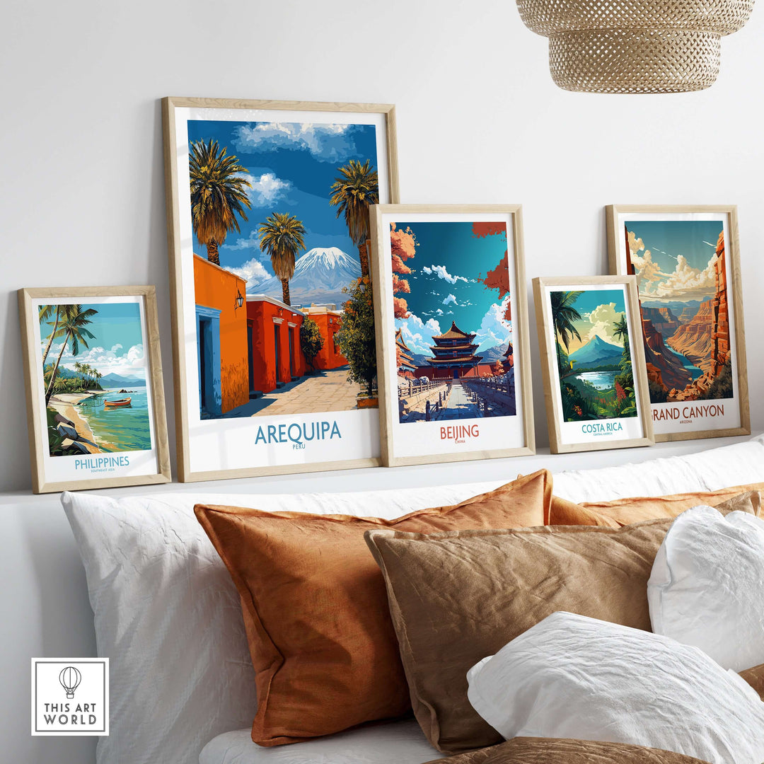Arequipa Peru poster and travel-themed prints displayed in stylish frames on a wall.