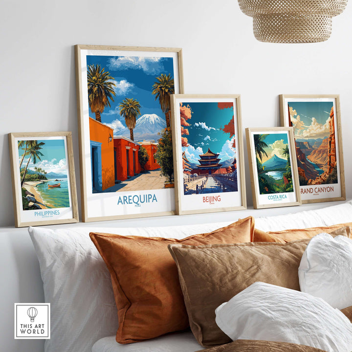 Arequipa Peru poster and travel-themed prints displayed in stylish frames on a wall.
