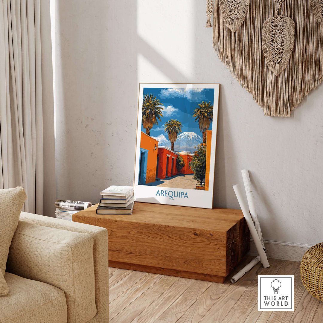 Arequipa Peru poster featuring vibrant colors and scenic views in a stylish home setting.