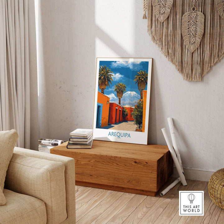 Arequipa Peru poster featuring vibrant colors and scenic views in a stylish home setting.