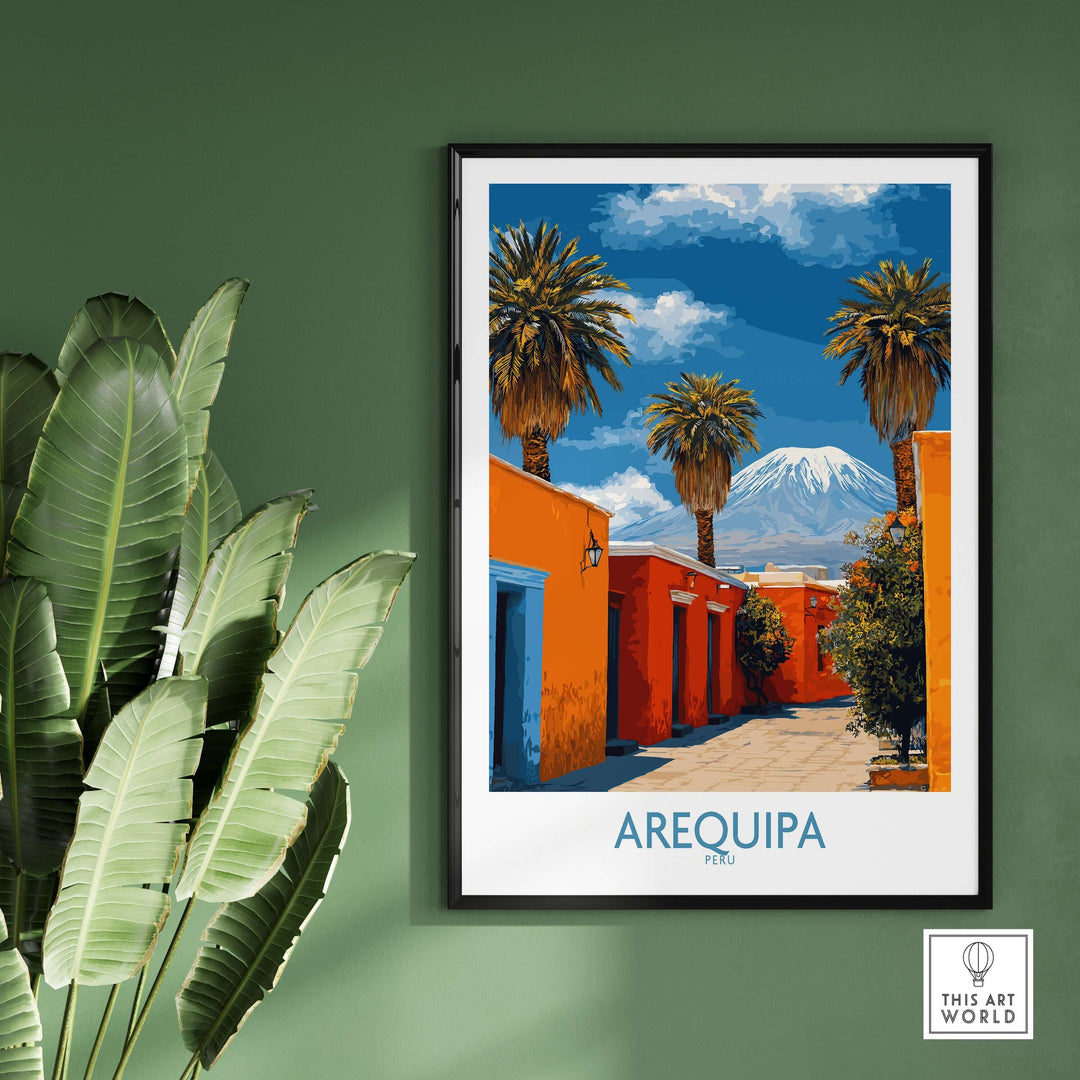 Arequipa Peru poster featuring vibrant colors, palm trees, and scenic architecture, perfect for home or office decor.
