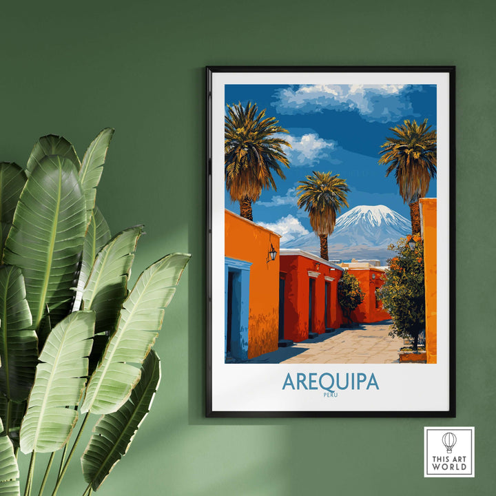 Arequipa Peru poster featuring vibrant colors, palm trees, and scenic architecture, perfect for home or office decor.