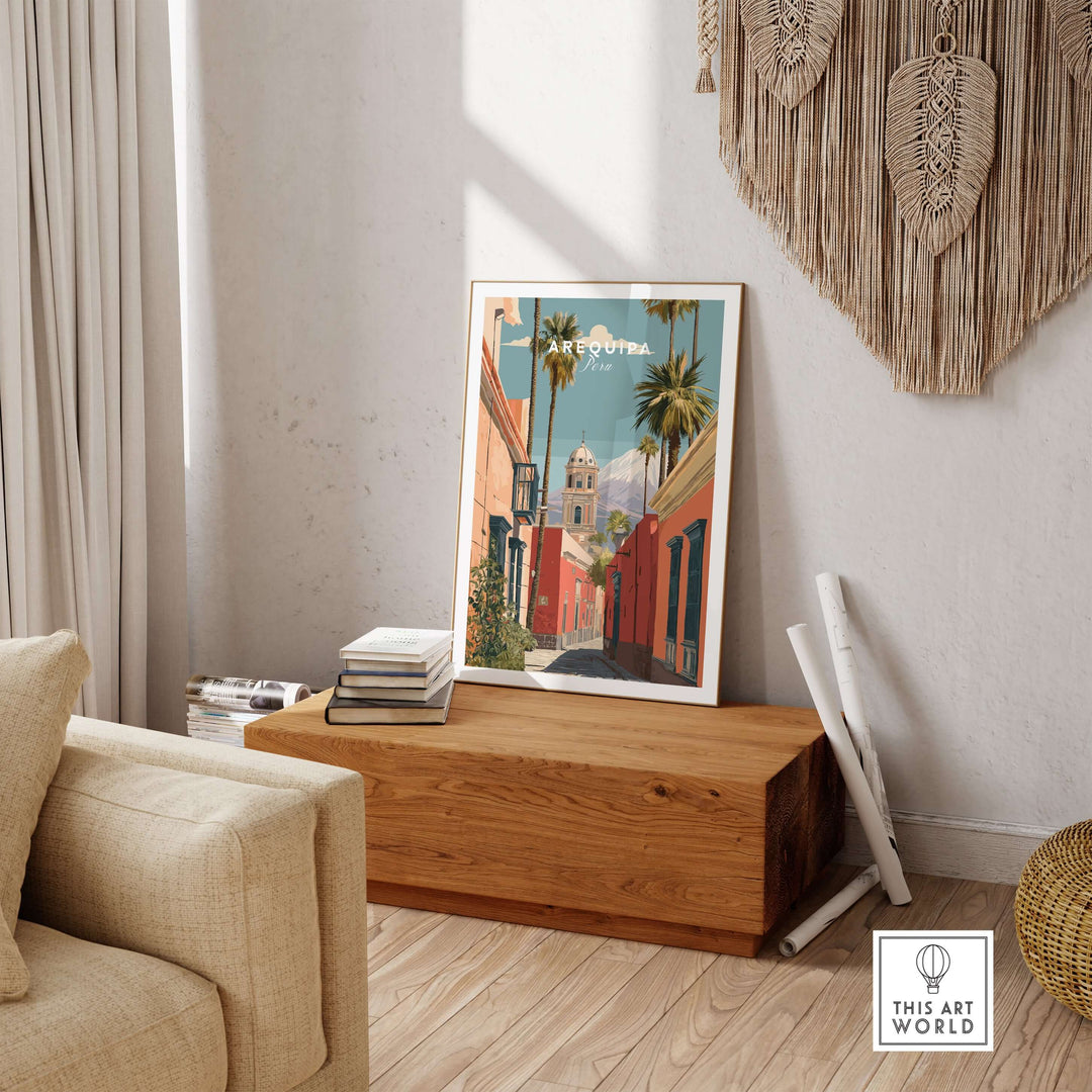Arequipa Peru print featuring colorful architecture displayed in a modern living room setting.