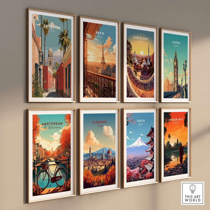 Collection of colorful city prints including Arequipa, Paris, Barcelona, London, Amsterdam, Florence, Tokyo, and Angkor Wat.