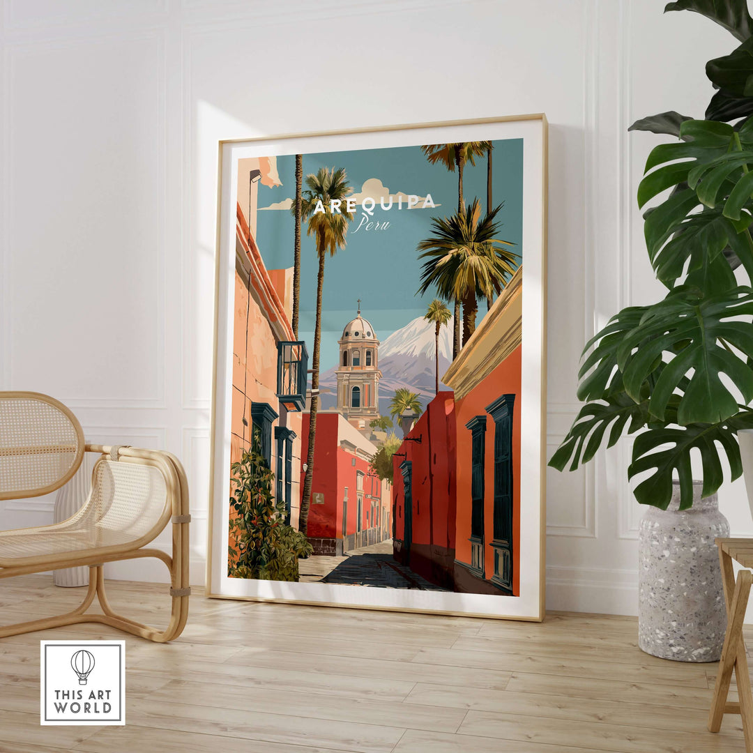 Vibrant Arequipa Peru print showcasing colorful architecture and palm trees in a stylish interior setting.