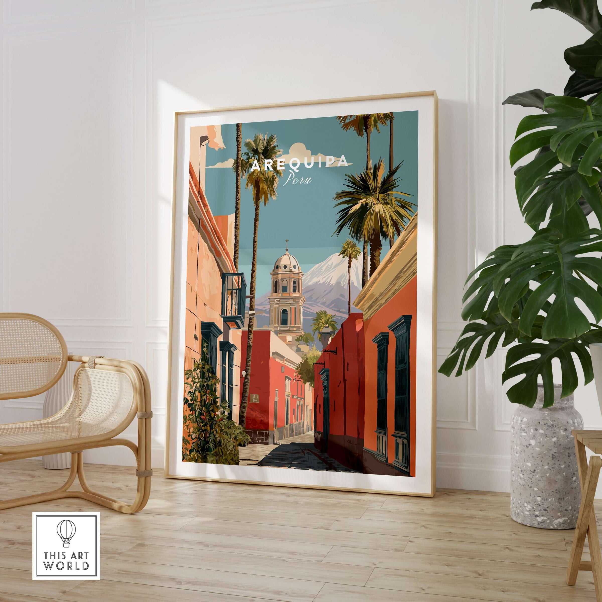 Arequipa Peru Print featuring vibrant architecture and palm trees, a stunning addition to your home decor.