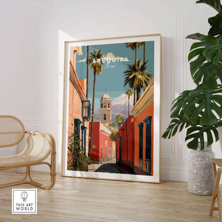 Vibrant Arequipa Peru print showcasing colorful architecture and palm trees in a stylish interior setting.