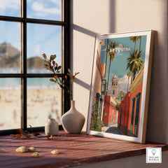 Arequipa Peru Print showcasing colorful architecture and vibrant street scene in a stylish home setting.