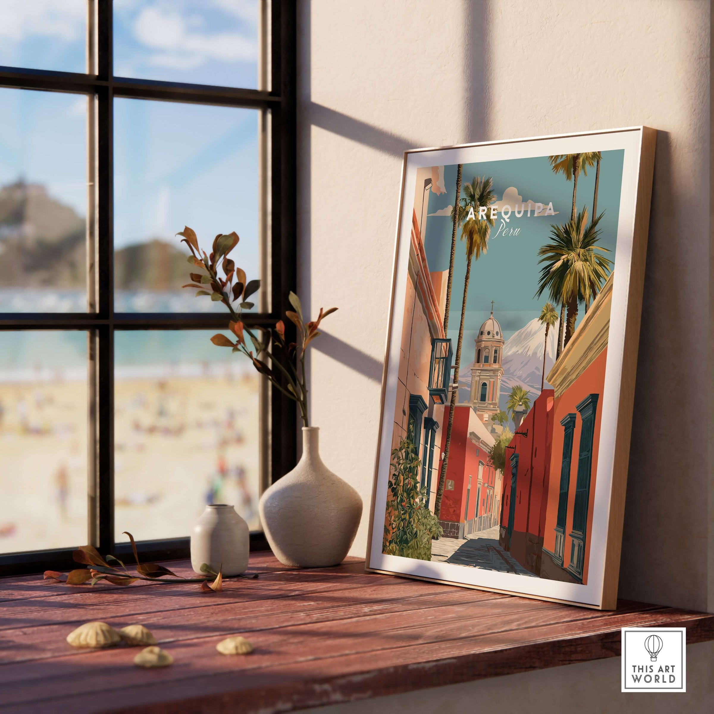 Arequipa Peru Print showcasing colorful architecture and vibrant street scene in a stylish home setting.