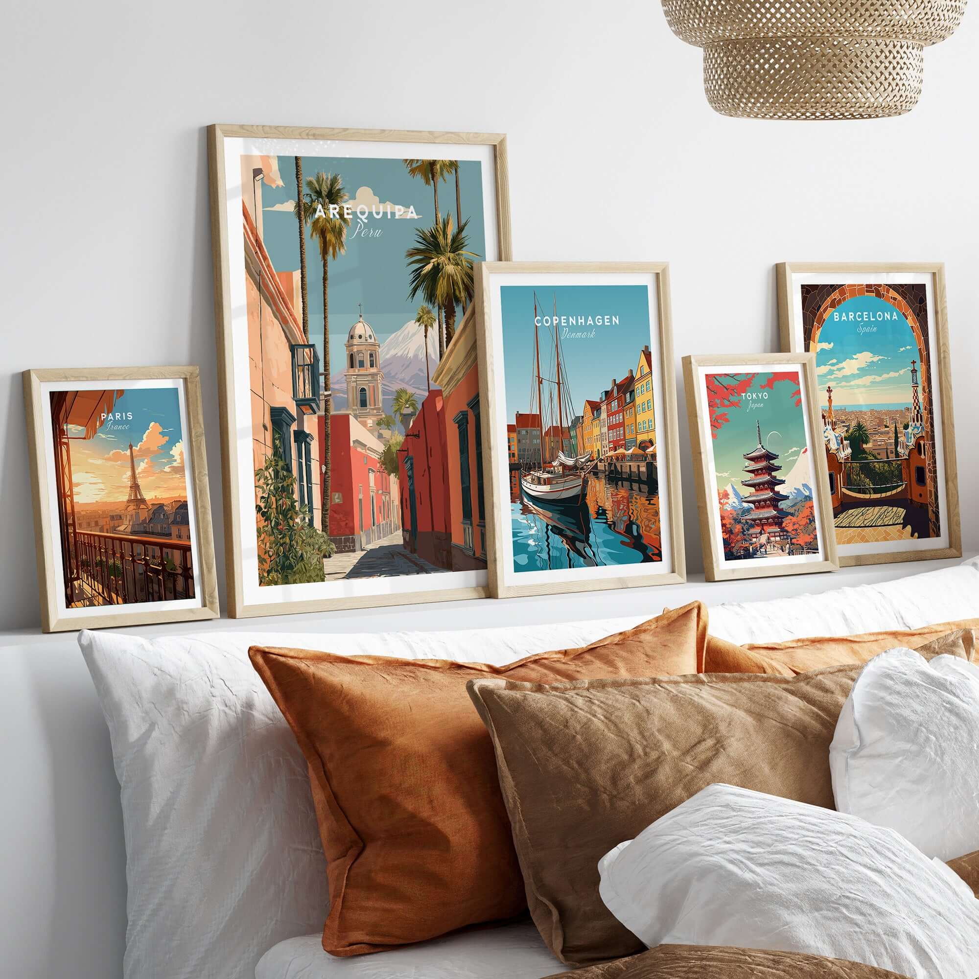Arequipa Peru Print displayed among other city prints in a stylish home setting, adding a vibrant touch to the decor.