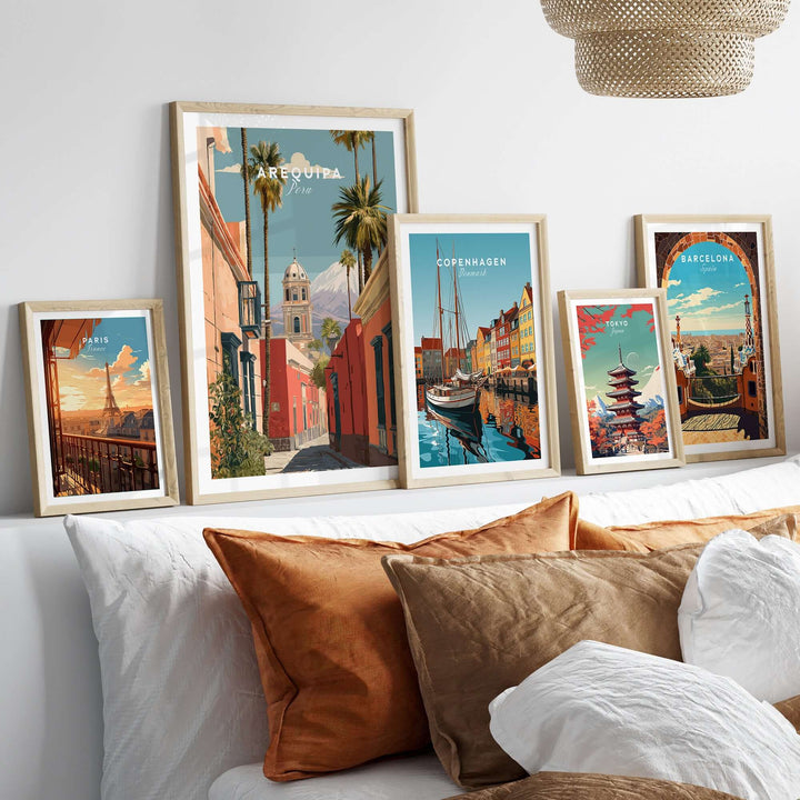 Arequipa Peru print showcased among other travel-themed artworks in a stylish home decor setting.