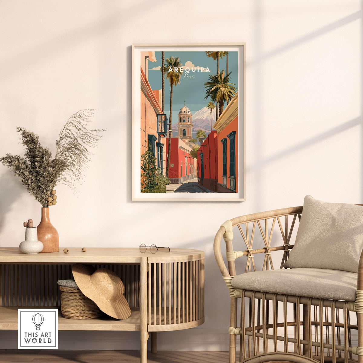 Arequipa Peru Print featuring colorful architecture and palm trees in a stylish living room setting.