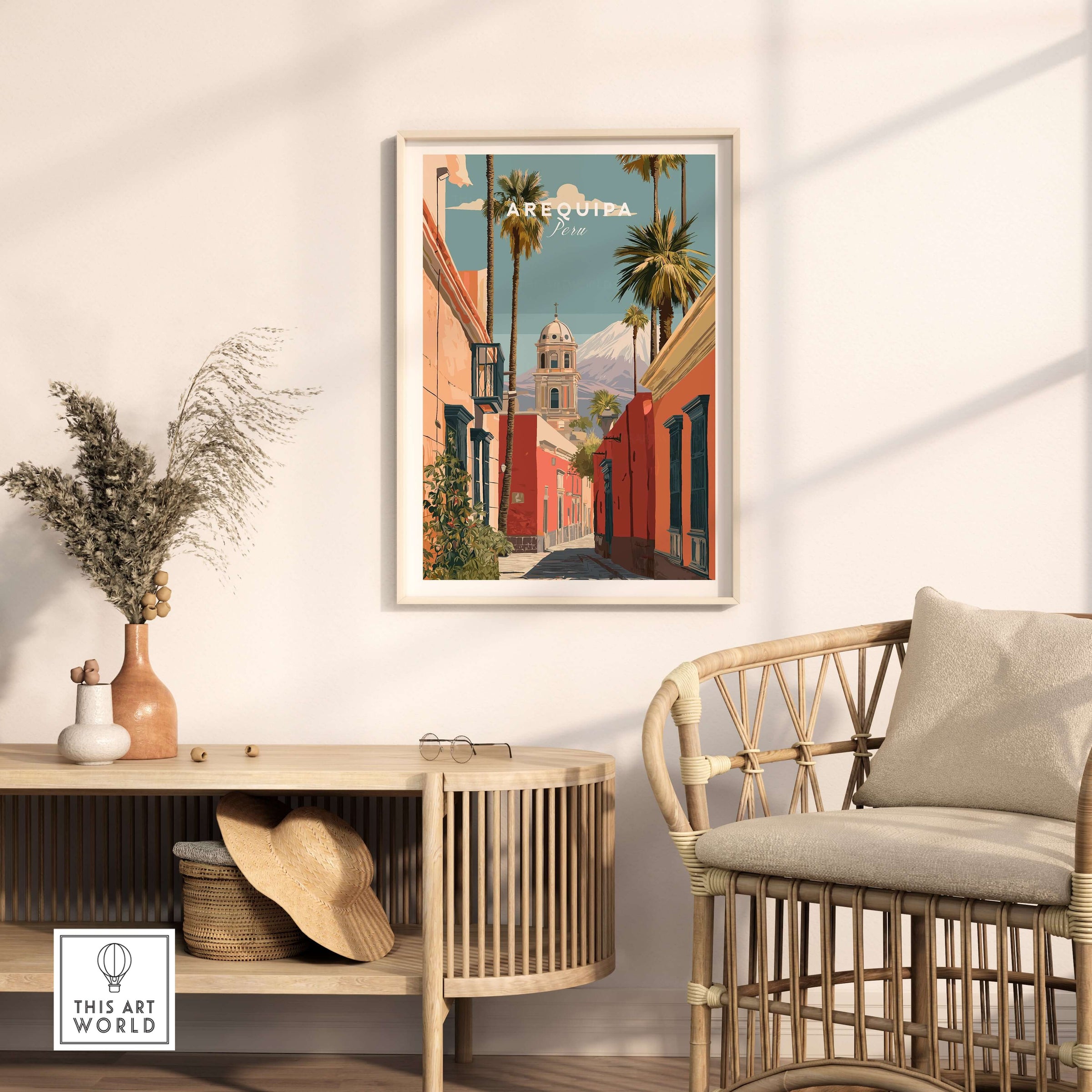 Arequipa Peru Print featuring colorful architecture and palm trees in a stylish living room setting.
