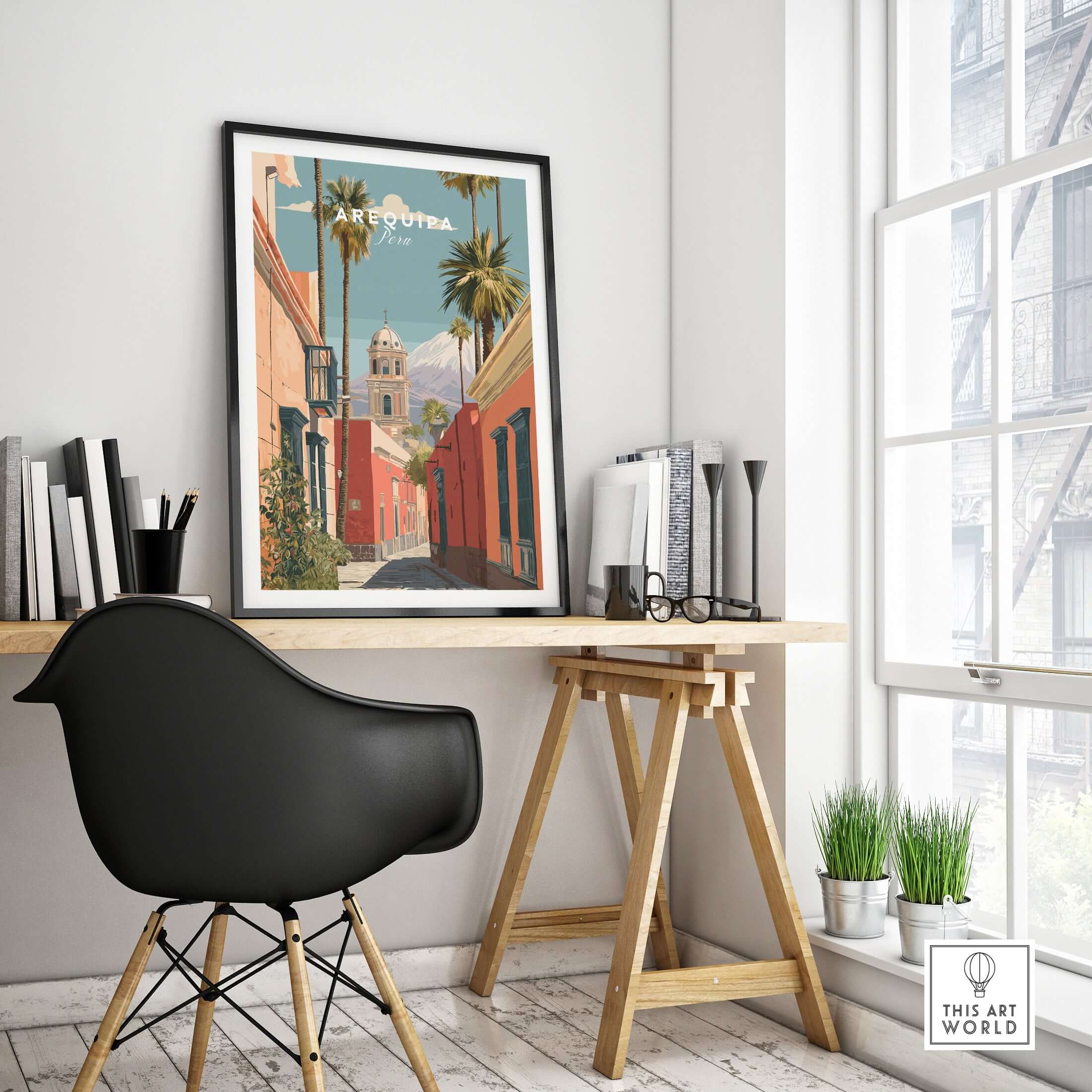 Arequipa Peru Print displayed in a modern workspace with colorful architecture and greenery, enhancing home decor.