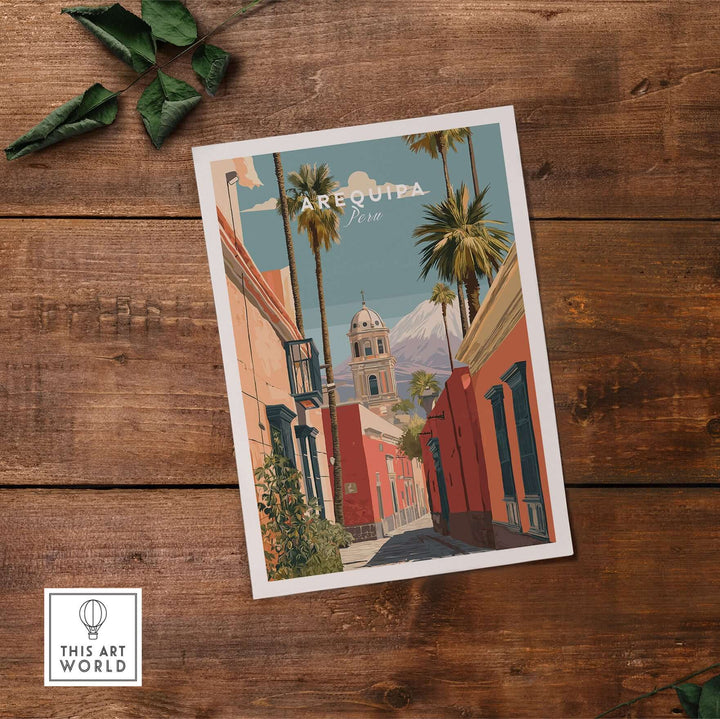 Arequipa Peru print showcasing colorful architecture and palm trees on a wooden background.