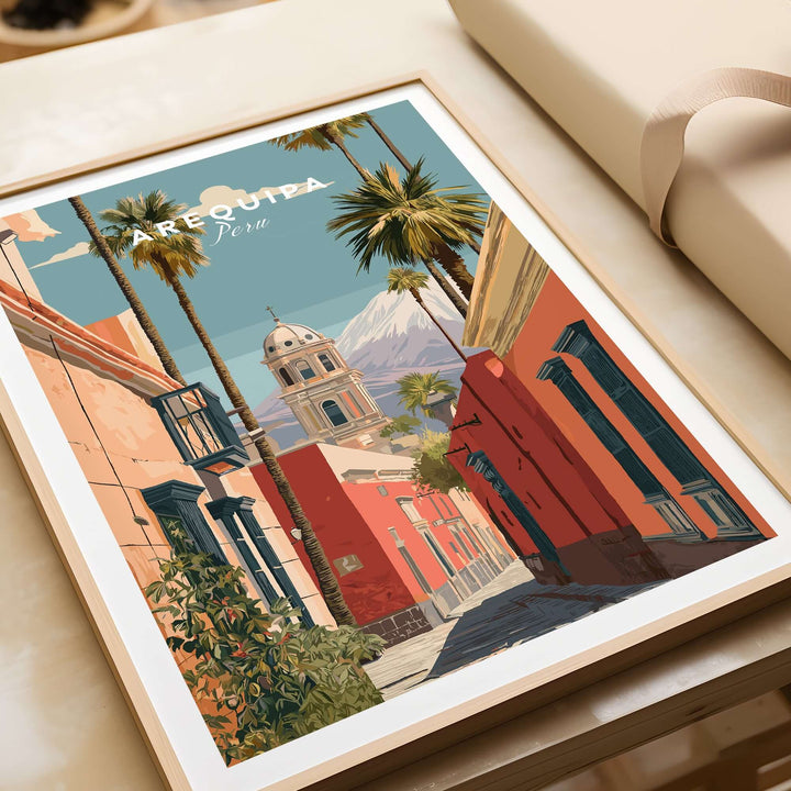 Colorful Arequipa Peru print showcasing vibrant architecture and palm trees, ideal for home decor or cultural art.