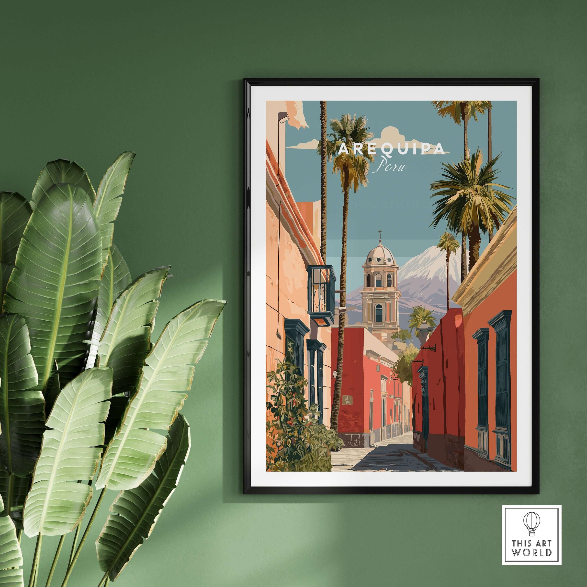 Arequipa Peru Print showcasing colorful architecture and palms in a vibrant street scene.