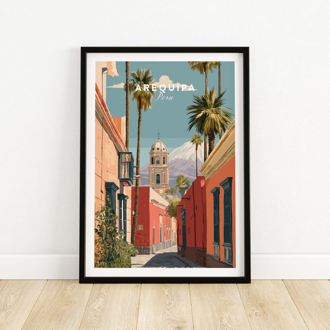 Vibrant Arequipa Peru print showcasing colorful architecture and palm trees, perfect for home decor.