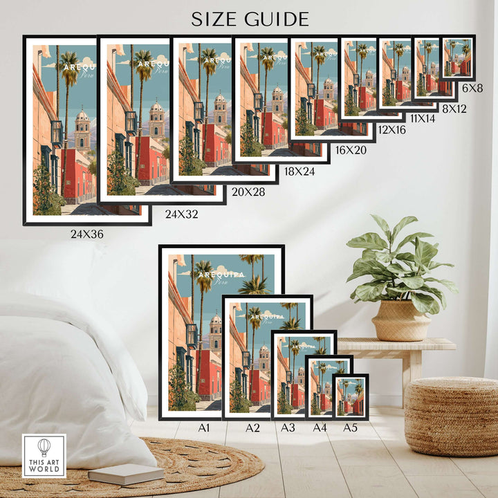 Size guide for Arequipa Peru Print showcasing various frame sizes and colorful architecture details.