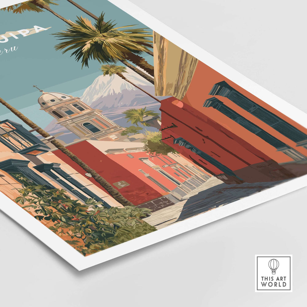 Colorful Arequipa Peru print showcasing vibrant architecture and palm trees, perfect for cultural home decor.