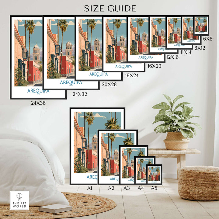 Size guide for Arequipa Peru travel poster in various dimensions, showcasing vibrant colors and detailed design.
