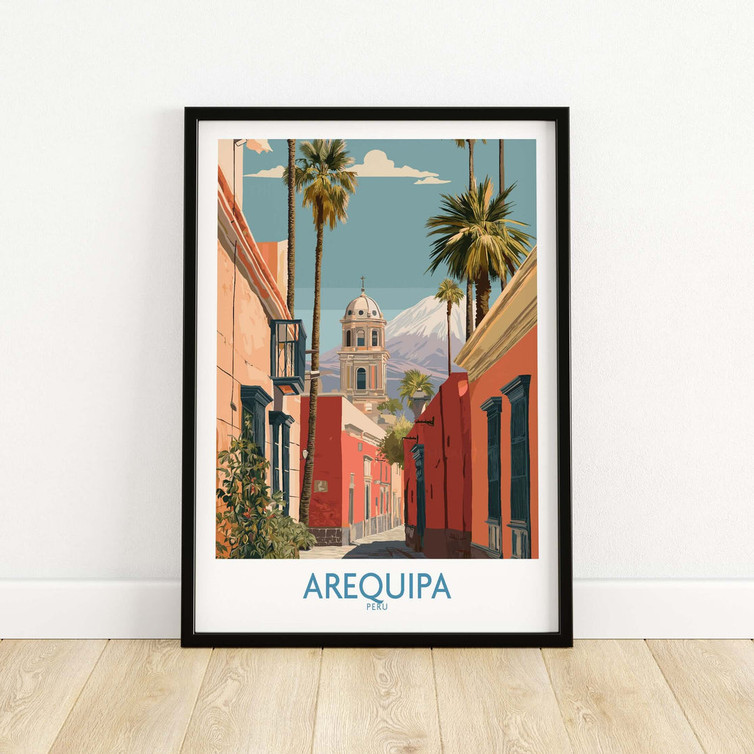 Arequipa Peru travel poster showcasing vibrant street scene with palm trees and historical architecture.