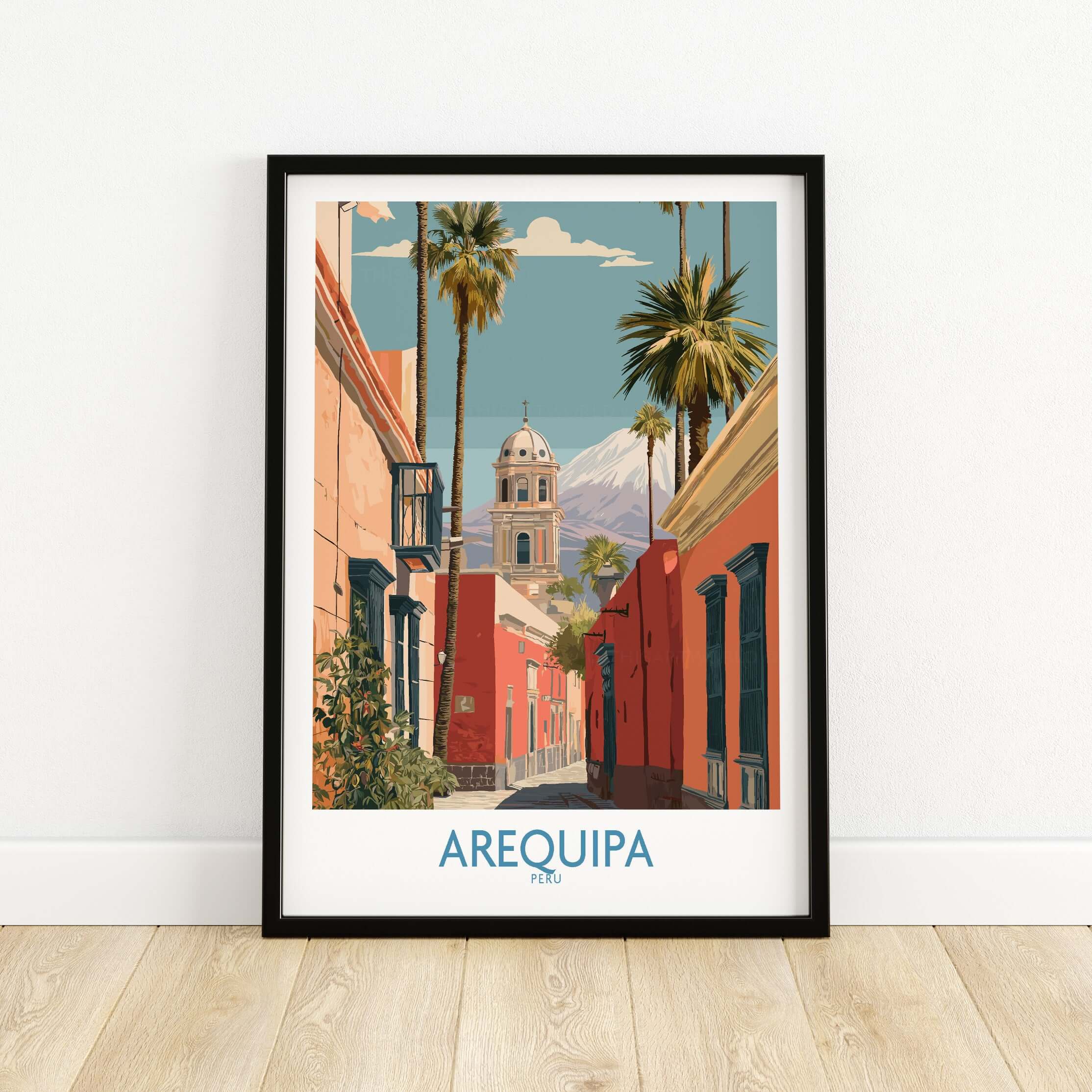 Arequipa Peru Travel Poster showcasing vibrant streets, palm trees, and mountains in a beautiful framed print.